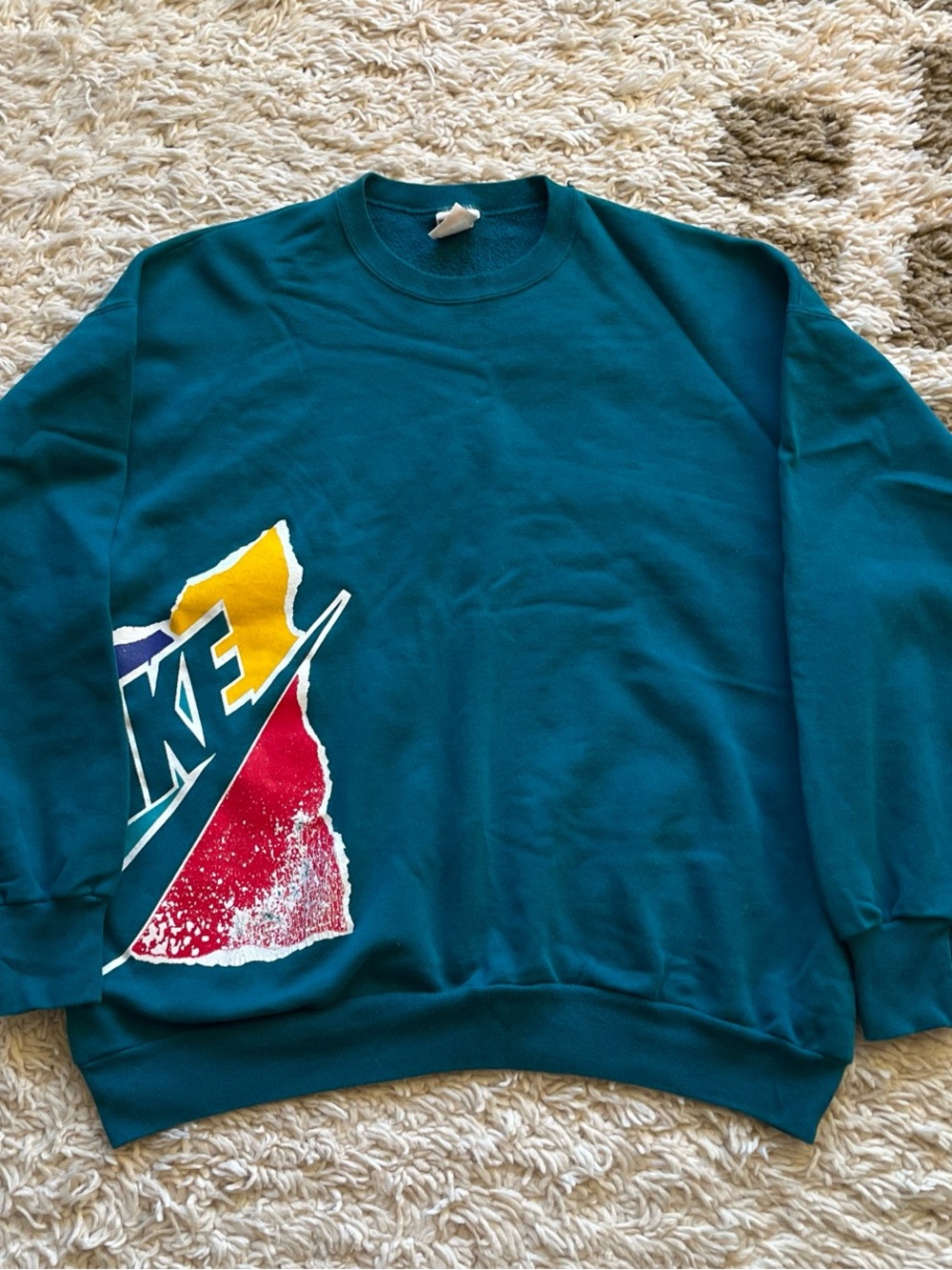 Vintage 90s Nike Big Swoosh Torn Banner Graphic Crewneck Sweatshirt Mens XL Teal
